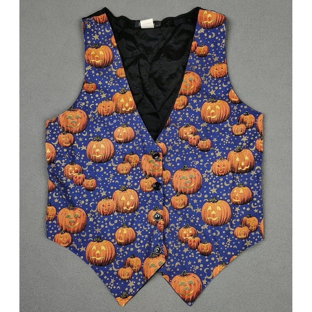 Vintage Jack O Lantern Halloween Vest Women Small Medium Stars Moon Black 90s EC